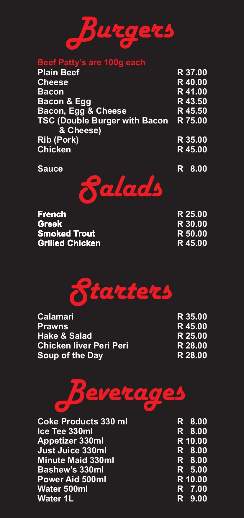 Burgers, Salads, Starters & Beverages